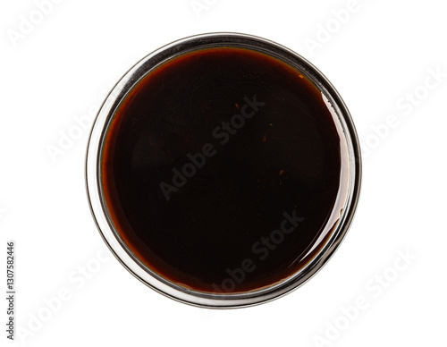 Small glass bowl with soy sauce or balsamic vinegar on white background