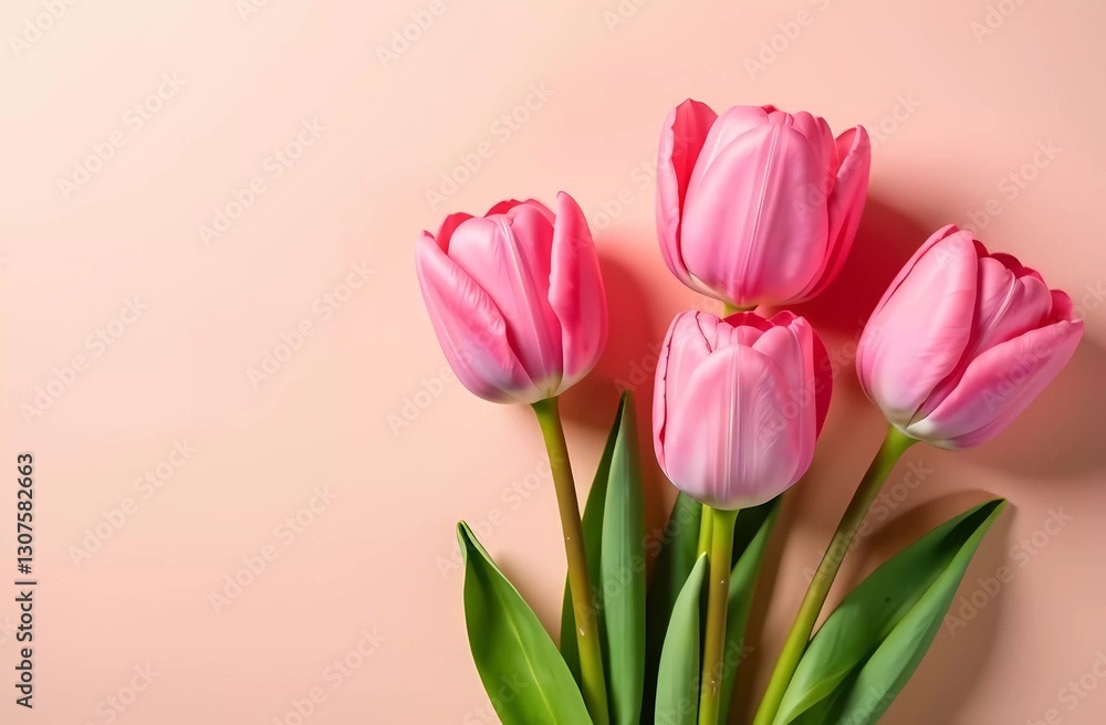 Fototapeta premium Bouquet of pink tulips on a pink background, flowers for Women's Day 8 March and Mother's Day