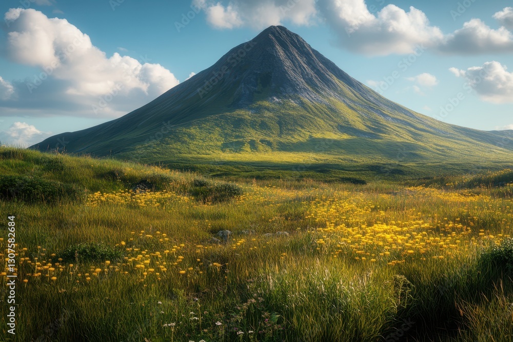 Scenic view of a mountain surrounded by vibrant wildflowers in a peaceful landscape Scenic view of a mountain surrounded by vibrant wildflowers in a peaceful landscape