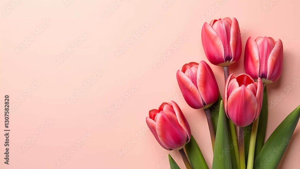 Obraz premium Bouquet of pink tulips on a pink background, flowers for Women's Day 8 March and Mother's Day