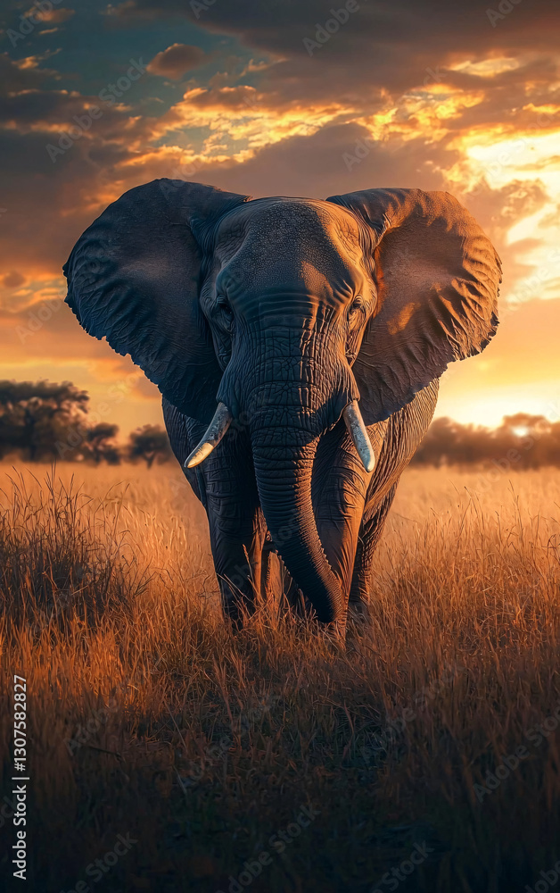 Obraz premium Elephant walks across a grassy savanna. Warm light from the sunset illuminates the landscape. Wildlife scene in a natural outdoor setting.