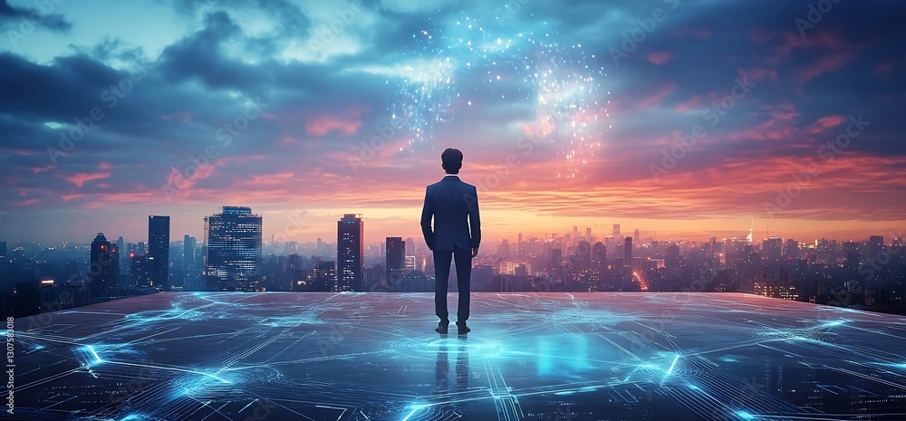 Visionary on the Skyline: A man in a business suit stands on a rooftop, gazing toward a digital stream descending from the sky, a breathtaking panorama of a cityscape at sunset. Visionary on the Skyline: A man in a business suit stands on a rooftop, gazing toward a digital stream descending from the sky, a breathtaking panorama of a cityscape at sunset.