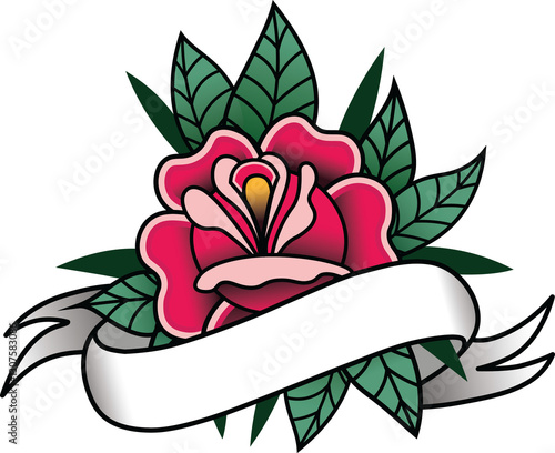 Vintage tattoo rose design: old school rose tattoo. Isolated vintage rose tattoo. Tattoo with text ribbon.