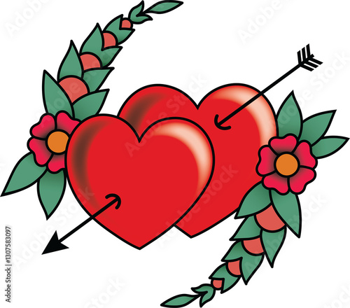 Isolated Two Hearts with Arrow Tattoo. Sailor tattoo.  Old school hearts tattoo. 