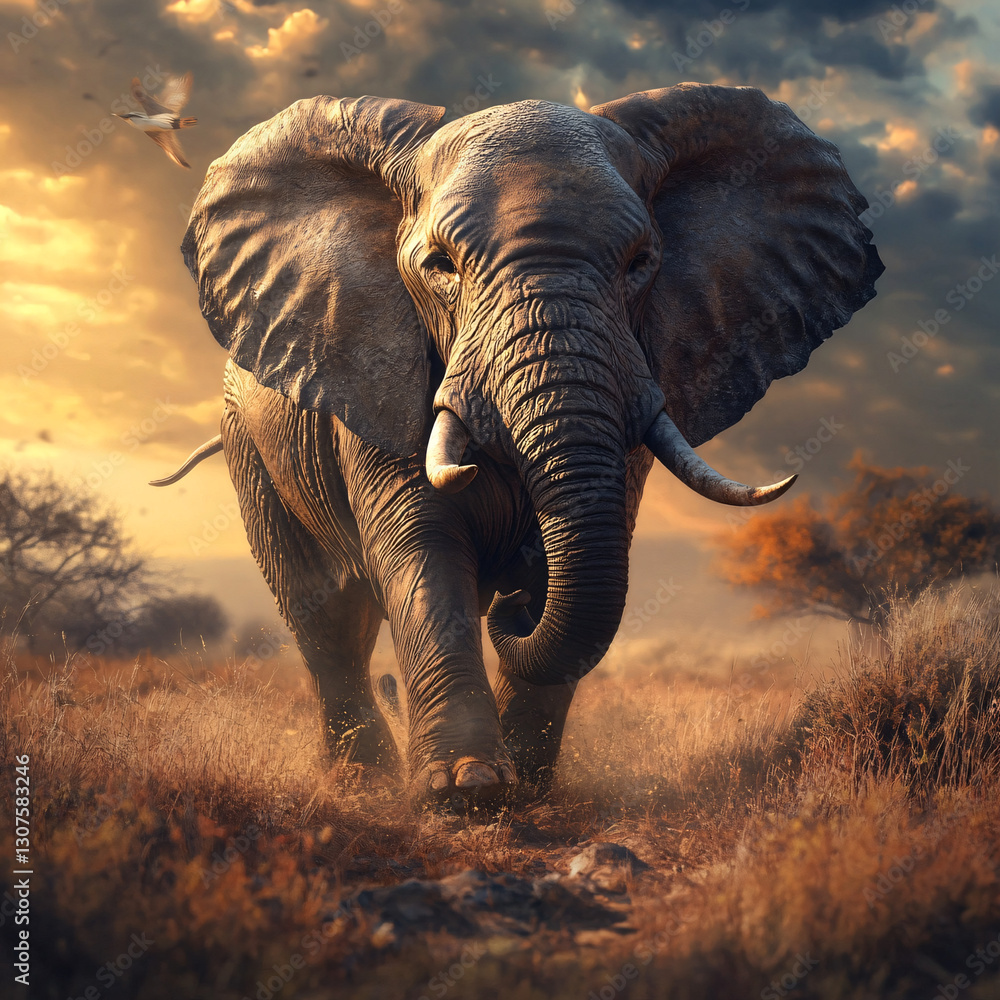 Fototapeta premium Elephant walks across a grassy savanna. Warm light from the sunset illuminates the landscape. Wildlife scene in a natural outdoor setting.