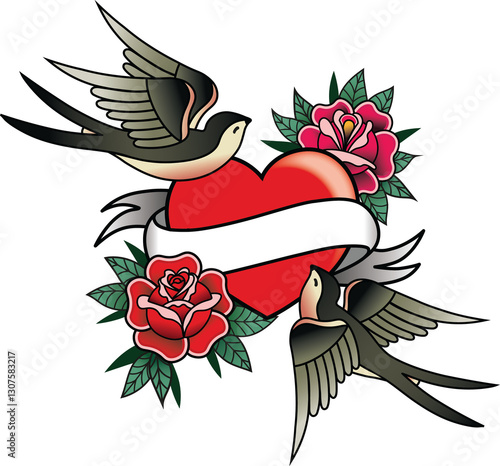 Swallows with Heart Sailor Tattoo Set. Traditional tatto with birds. Heart old school tattoo.