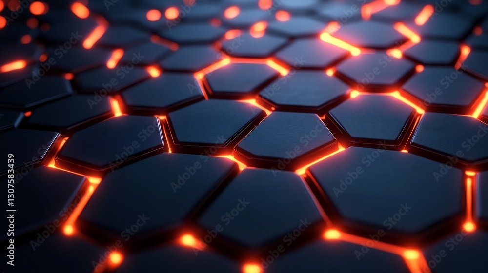 Fototapeta premium Abstract Dark Hexagon Pattern Glowing Orange Light. AI Generated