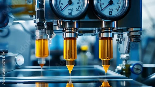 A medium closeup of a hightech injection molding machine in action with molten polymer being injected into a mold surrounded by gauges and control panels that reflect the complex production
