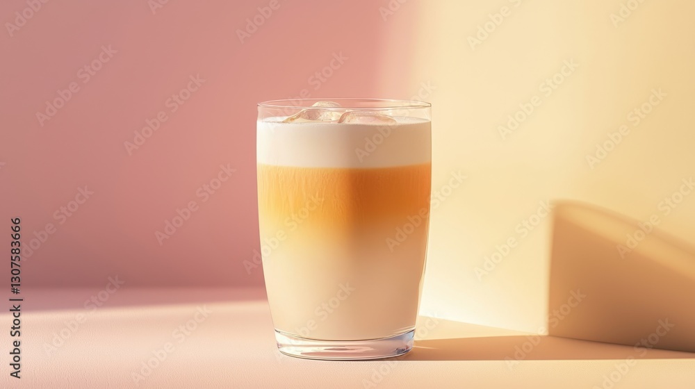 Layered Iced Vanilla Latte in Glass, Peach and Beige Background Layered Iced Vanilla Latte in Glass, Peach and Beige Background