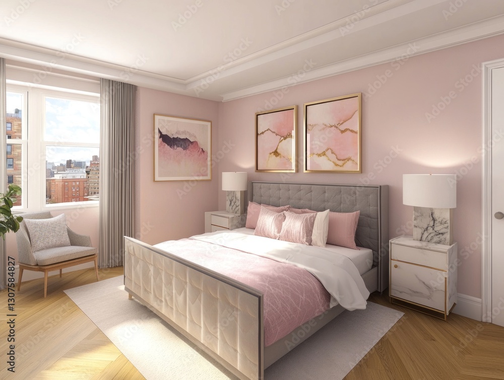Fototapeta premium Stylish, modern bedroom with a soft pink color scheme, featuring a large bed, artwork, and decorative accents.