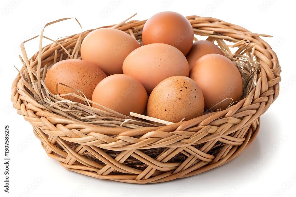 A close up of fresh brown eggs in a wicker basket on white background A close up of fresh brown eggs in a wicker basket on white background