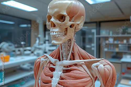 Detailed anatomical model of the human skeleton and muscles in a science lab setting for educational demonstration