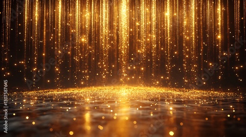 Golden Light Rain Glittering Dark Background. AI Generated