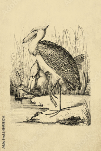 Vintage Illustration of a Shoebill Bird