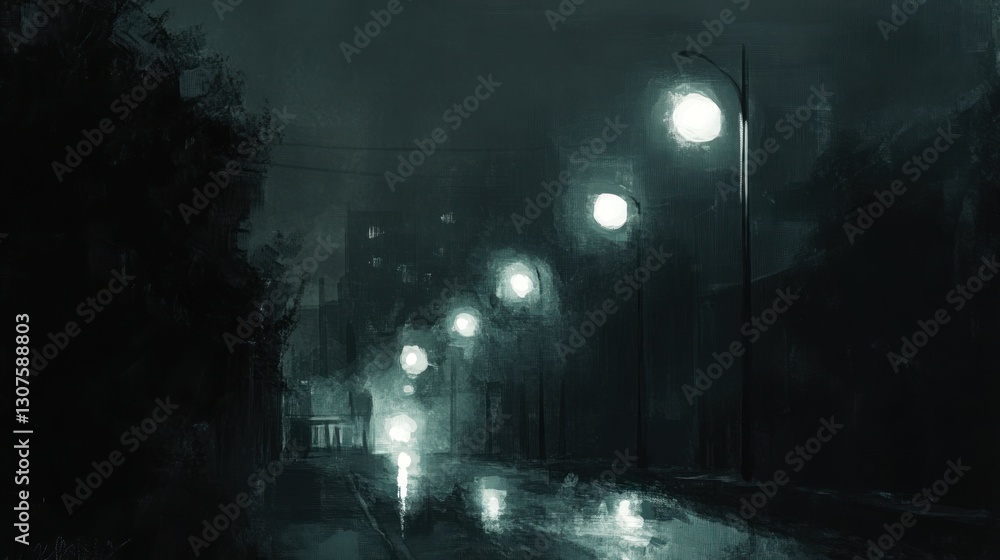 Misty night street scene with lampposts Misty night street scene with lampposts
