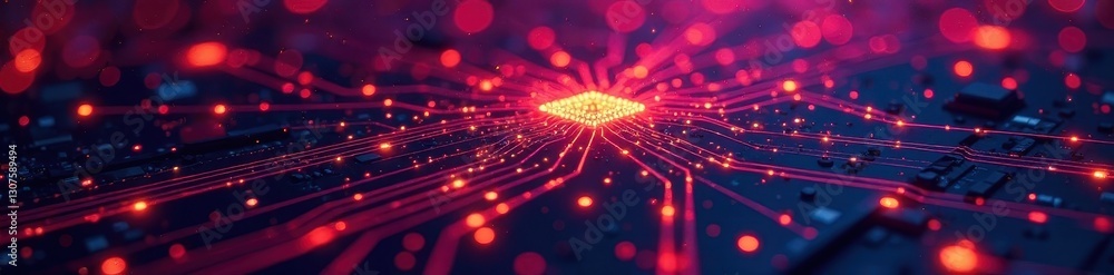 Obraz premium Abstract glowing circuit board, futuristic tech backdrop, background, microchip