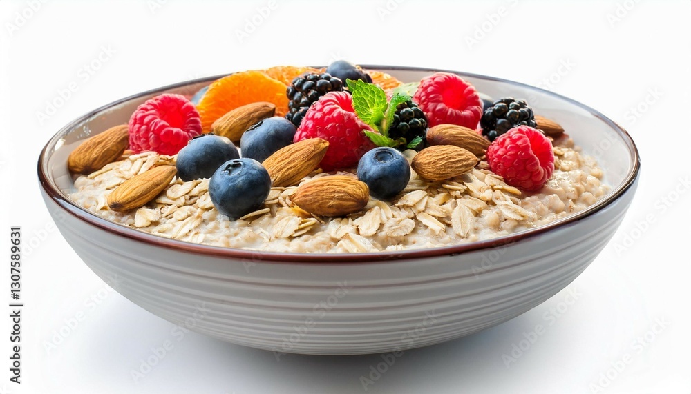 healthy bowl with oats mixed berries and almonds on a white isolated background flexitarian food concept healthy bowl with oats mixed berries and almonds on a white isolated background flexitarian food concept