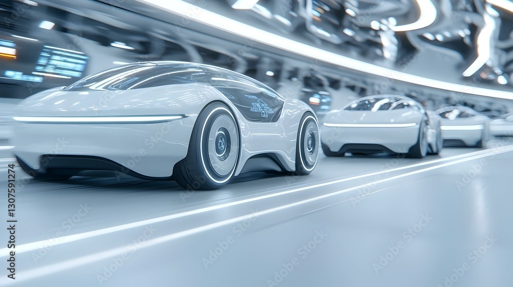 Fototapeta premium Futuristic White Electric Cars Driving in a High-Tech Environment