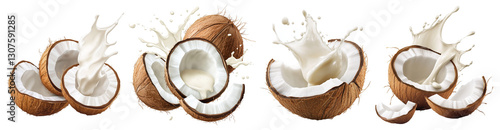 Fresh coconuts with splashing milk isolated on white background tropical fruit exotic food ingredient organic coconut milk splash nut natural beverage