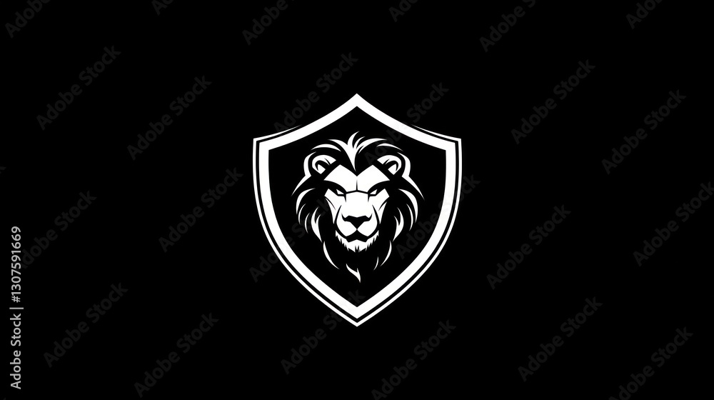 Lion head shield emblem, black background, protection concept, logo design Lion head shield emblem, black background, protection concept, logo design