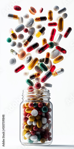 Colorful Pills and Capsules Overflowing from Glass Jar