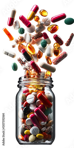 Transparent Background Colorful Pills and Capsules Spilling from Glass Jar