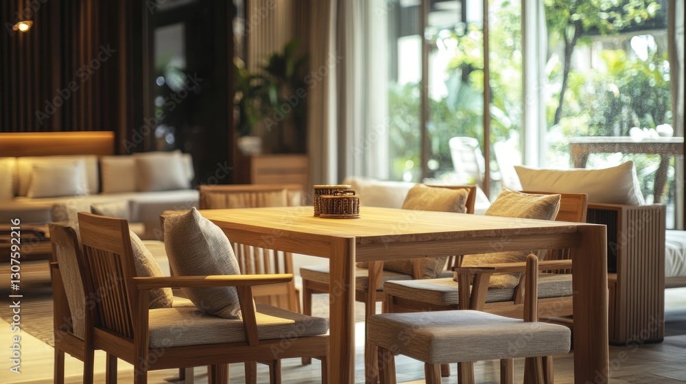 Modern wooden dining area with garden view Modern wooden dining area with garden view