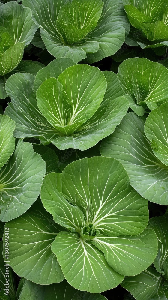Fototapeta premium Morning sunlight illuminates vegetable fields as a farmer cultivates green Chinese cabbage amid lush landscapes and fertile soil