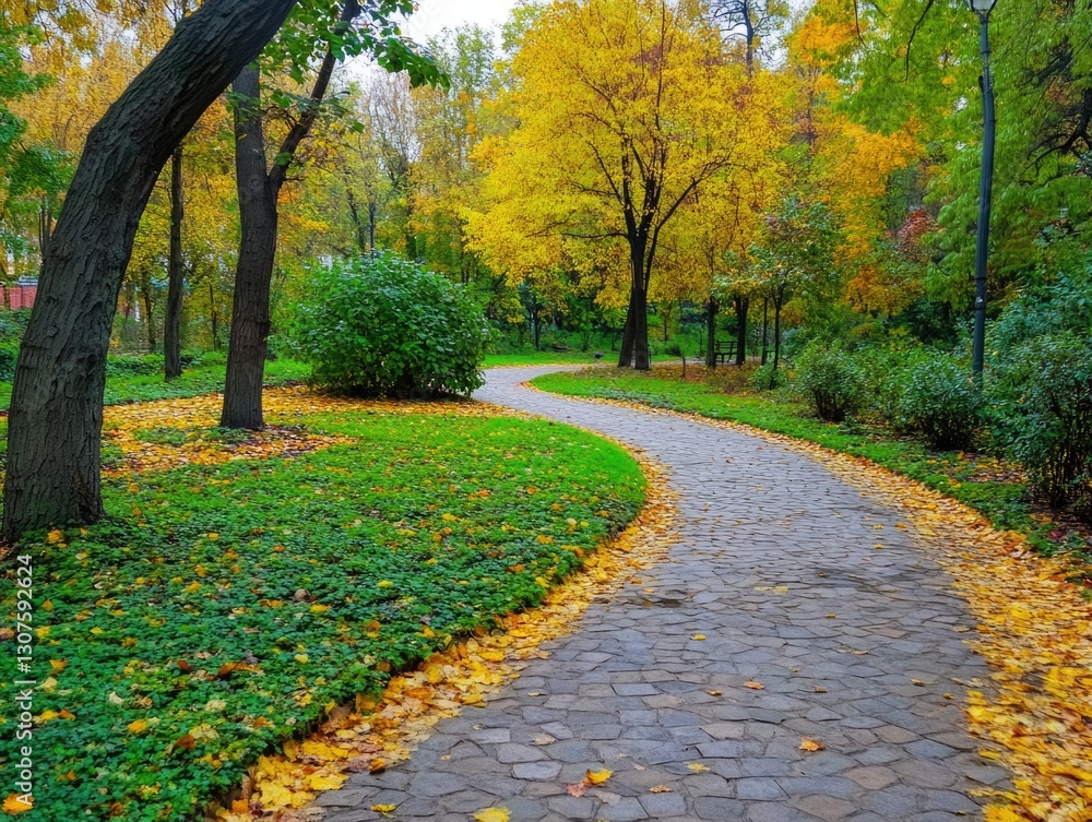 Fototapeta premium Yellow Leaf Pathway in Park
