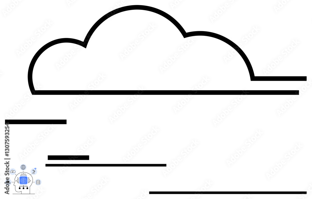Large cloud outline surrounded by abstract lines and a small computer icon with network references. Ideal for technology, innovation, cloud storage, connectivity, minimalism, digital transformation Large cloud outline surrounded by abstract lines and a small computer icon with network references. Ideal for technology, innovation, cloud storage, connectivity, minimalism, digital transformation