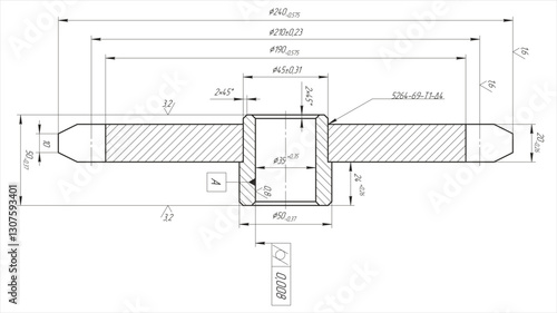Assembly drawing of asterisk (star)
 of electrical reducer. Vector design of steel mechanical device with 
dimension lines. Engineering technic computer cad scheme on paper sheet. Hand drawn sketch.
