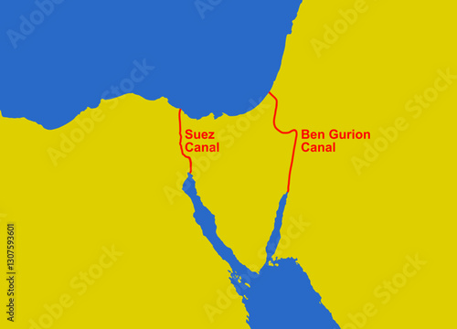 Vector map of Suez area with planned The Ben Gurion Canal in Israel