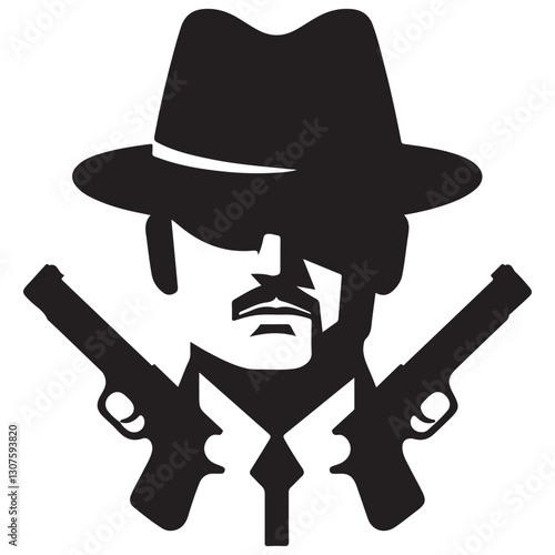Bold Mafia Don Silhouette with Guns Cross Vector Illustration Design