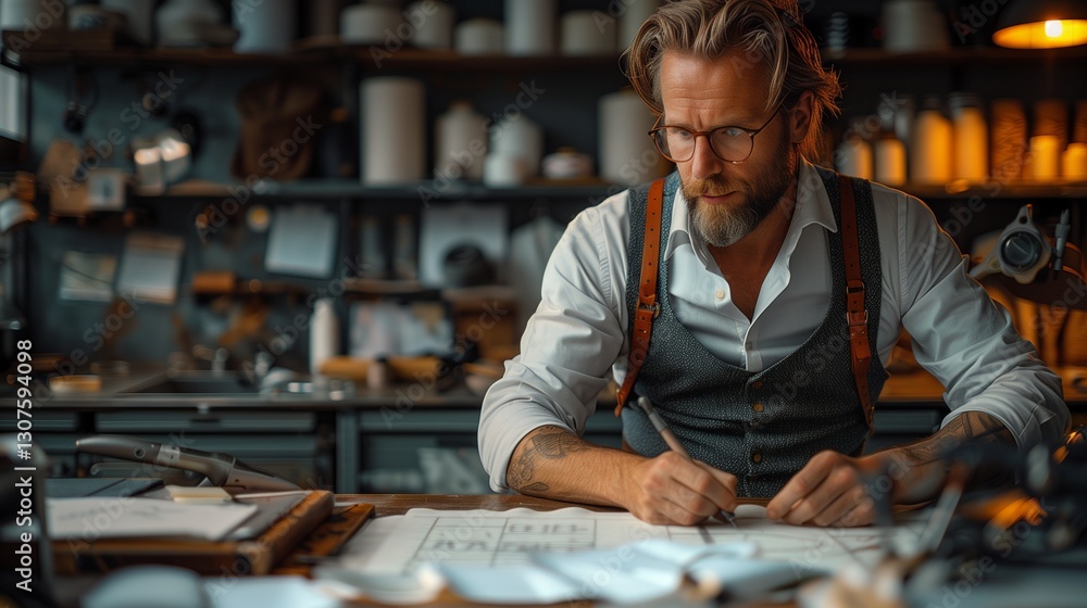 A bearded man with glasses in a vest and suspenders drawing meticulously on blueprints at a desk in a dimly lit workshop filled with tools and equipment A bearded man with glasses in a vest and suspenders drawing meticulously on blueprints at a desk in a dimly lit workshop filled with tools and equipment