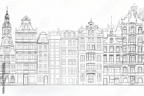 Blank coloring page of elegant historical European cityscape with detailed building facades and architectural nuances