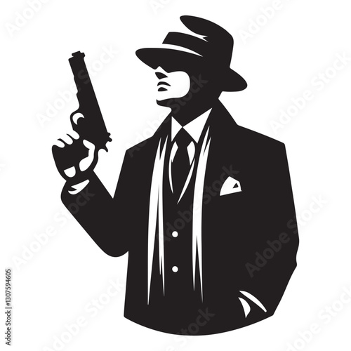 Silhouette of Gangster with Gun Vintage Style Character Illustration