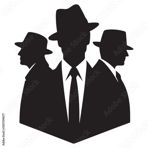 Silhouette Illustration of Three Vintage Mafia Gangsters in Suits