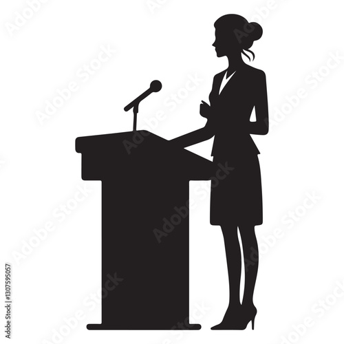 Silhouette of woman giving speech from podium for presentation