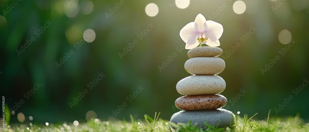 Obraz premium Serene Harmony Zen Orchid and Stacked Stone Display in Lush Bamboo Setting - Mindfulness Content for Eco-Friendly Wellness and Meditation Spaces