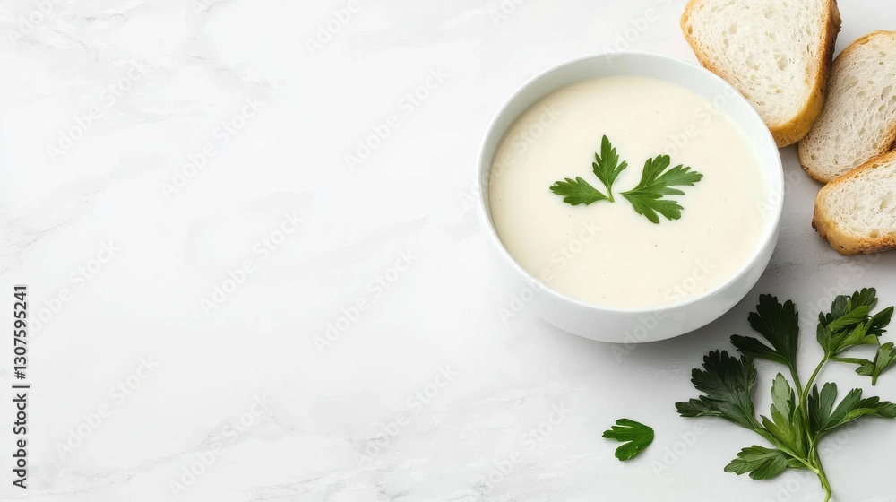 Creamy white soup with fresh parsley and toasted bread on a marble table. Comfort food. Creamy white soup with fresh parsley and toasted bread on a marble table. Comfort food.