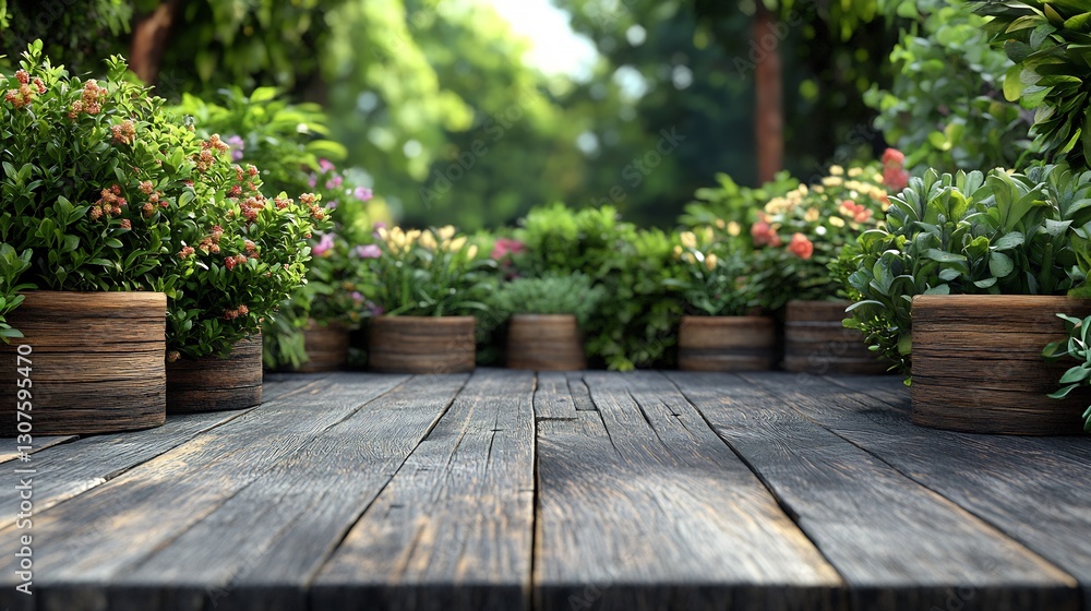Rustic Wooden Table Lush Garden Soft Light. AI Generated Rustic Wooden Table Lush Garden Soft Light. AI Generated