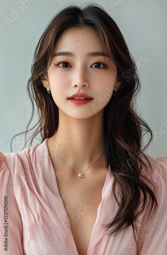 A Young Woman With Long Dark Hair is Elegantly Posing in a Light Pink Blouse
