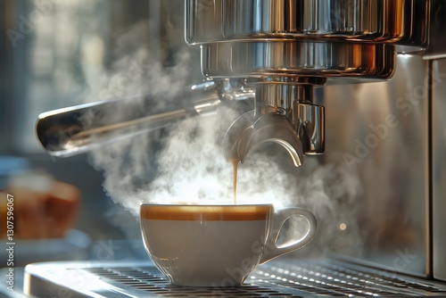 Freshly Brewed Espresso Steaming in a White Cup at a Coffee Shop in the Morni...