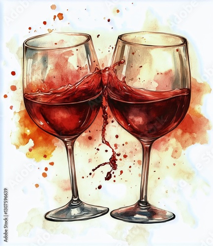 Red Wine Glasses Clinking Together in Celebration With Splashes on a Colorful...