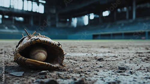 Cinematic wide shot of a baseball glove and ball on the ground in an empty stadium. photo