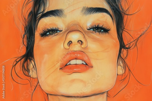 Artistic Portrait of a Woman With Vibrant Orange Background and Expressive Fe...