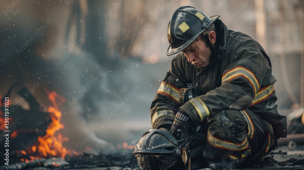 Firefighter exhausted after battling flames sits down to recover from a challenging rescue operation on a smoky site Firefighter exhausted after battling flames sits down to recover from a challenging rescue operation on a smoky site