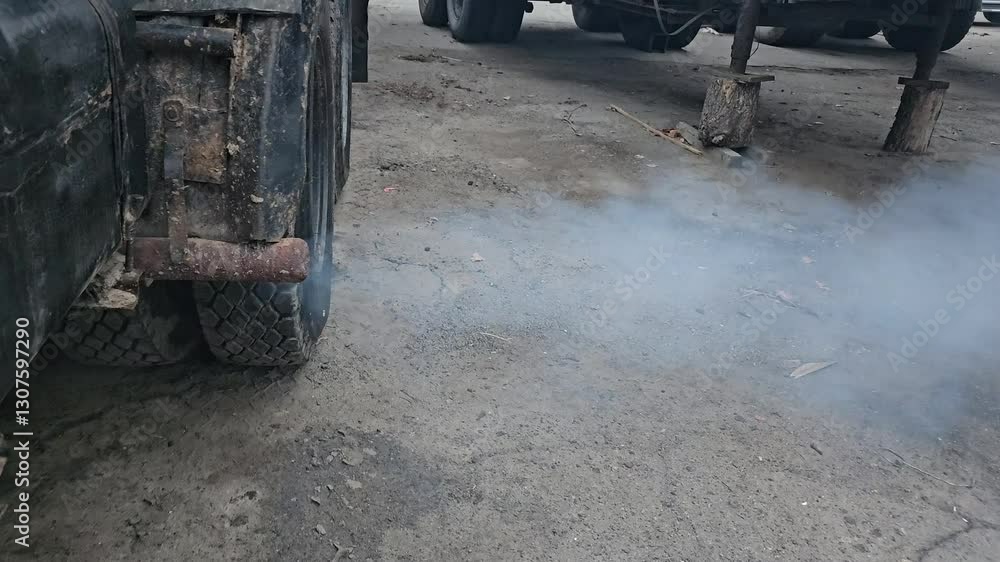 combustion products from the exhaust pipe of a large vehicle - smog, pollution combustion products from the exhaust pipe of a large vehicle - smog, pollution