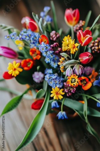 Vibrant Bouquet of Tulips and Wildflowers on Wooden Surface in Natural Light