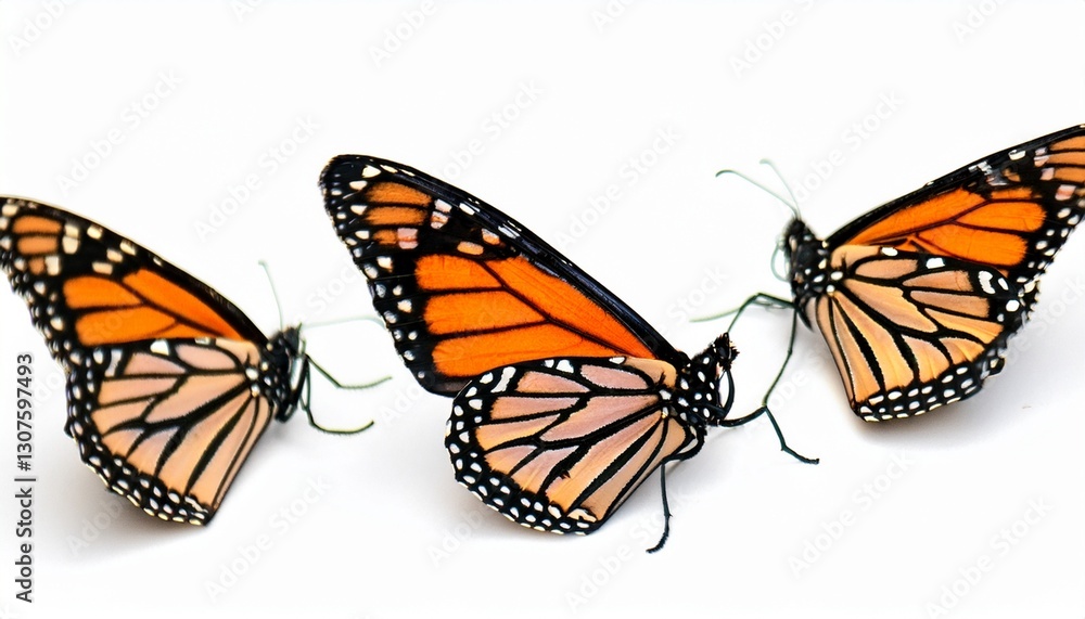 Fototapeta premium Trio of Monarch Butterflies: Beautifully Isolated on White Background